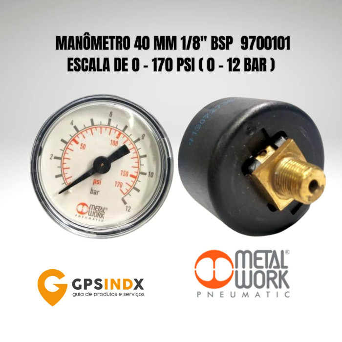 Man&ocirc;metro 40 mm para Ar Comprimido sa&iacute;da traseira 1/8" de 0 at&eacute; 12 Bar Metalwork 9700101