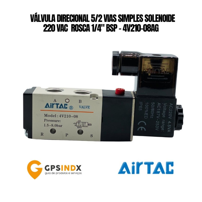 V&aacute;lvula Simples Solenoide 5 vias 2 posi&ccedil;&otilde;es 1/4" 4V210-08AG Air Tac Brasil 